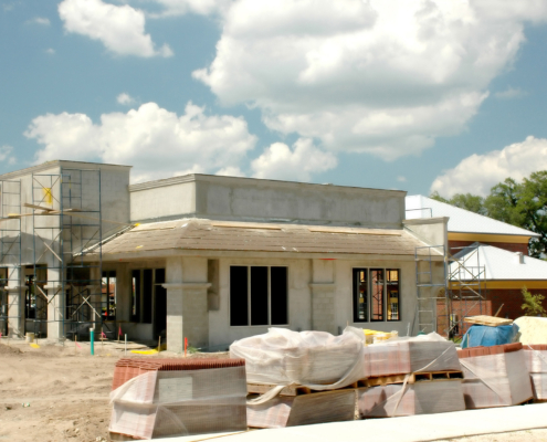 Side view of a new construction of a restaurant building