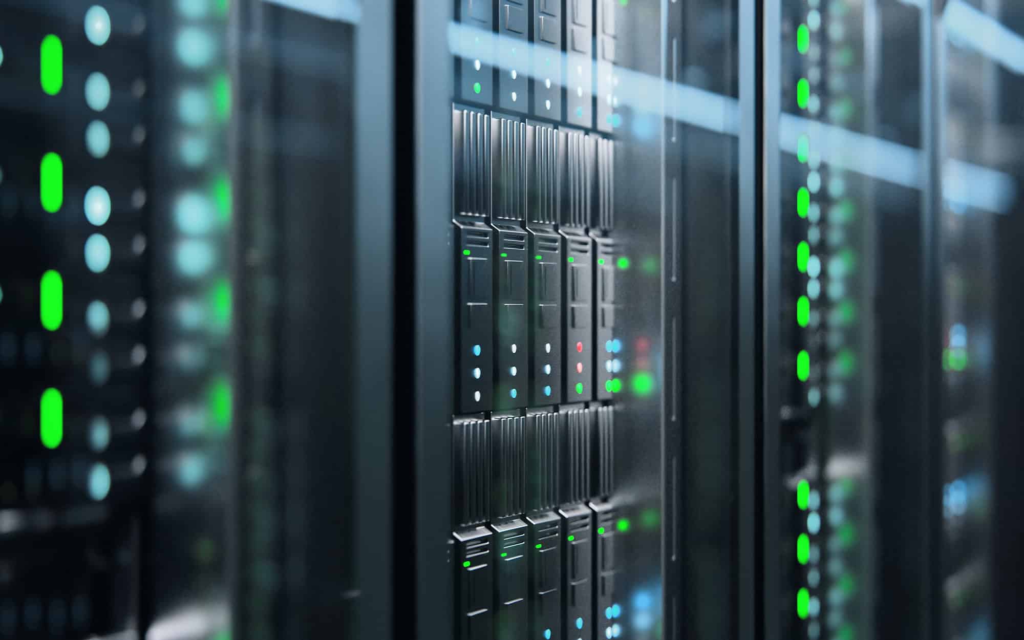 data center showing server equipment with flickering light indicators