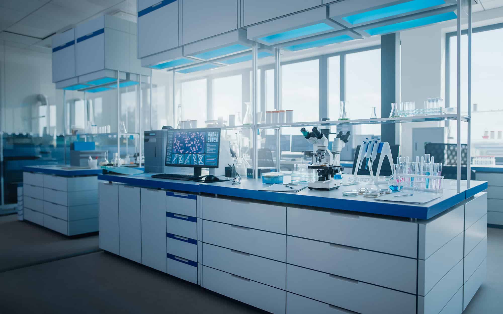 Modern Medical Research Laboratory with Computer, Microscope, Glassware