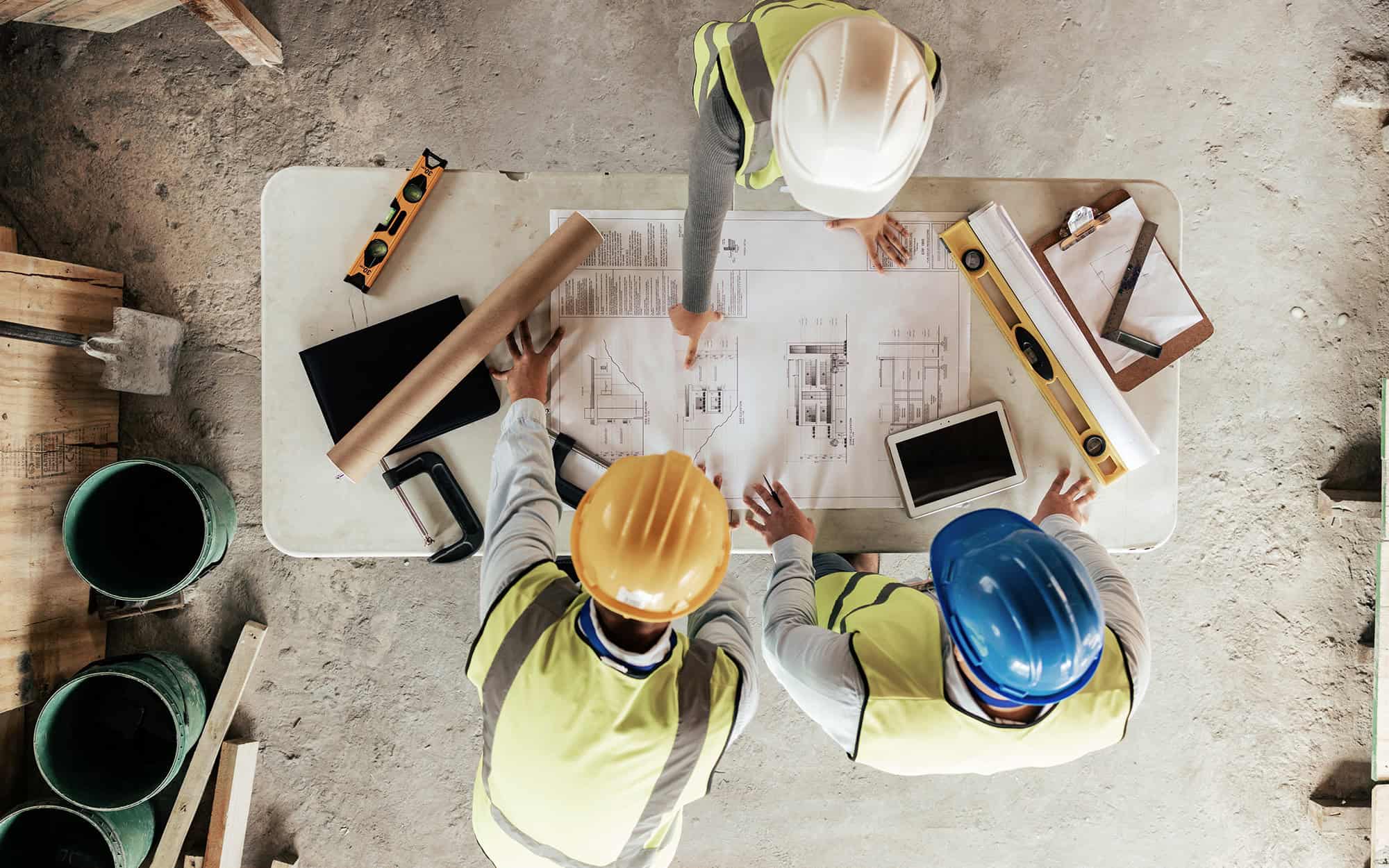 construction workers or blueprint planning in house, home or office